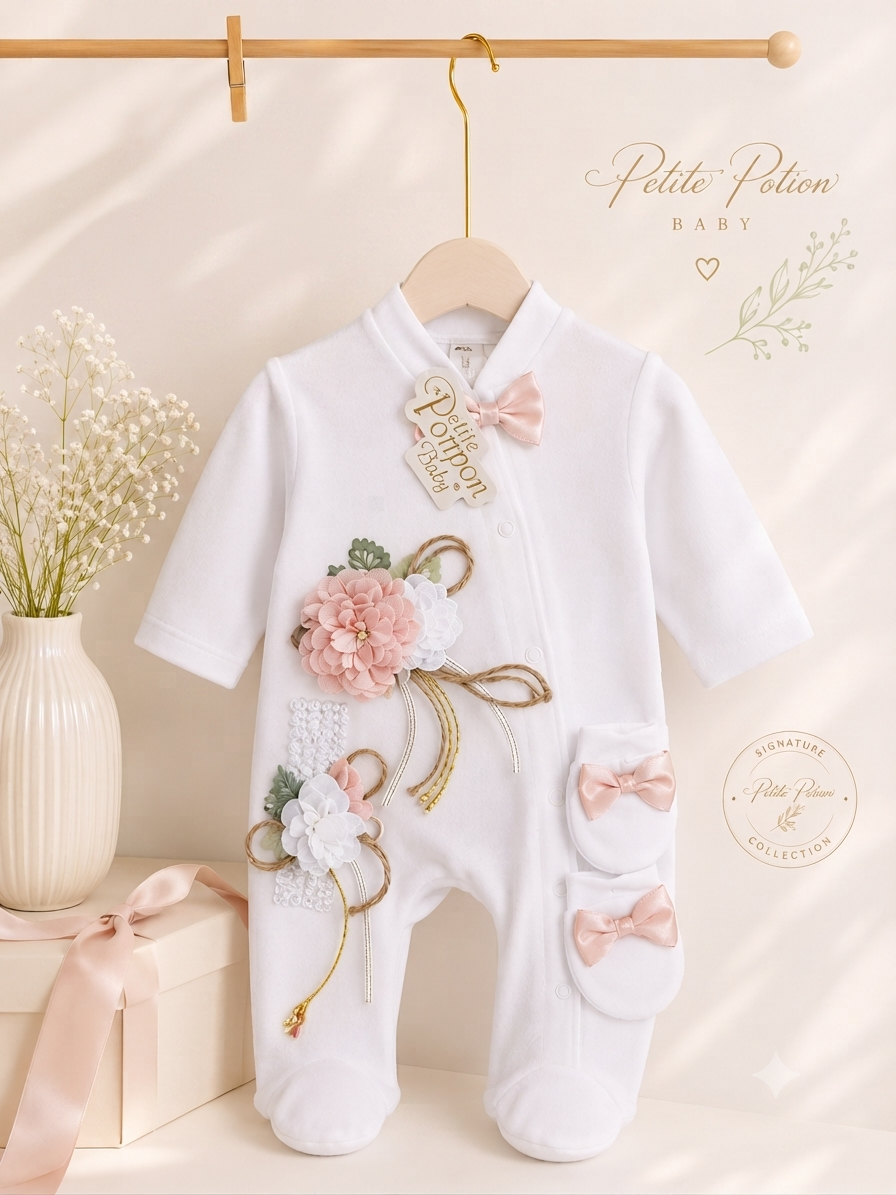 Turkish Romper peach, mittens and headband