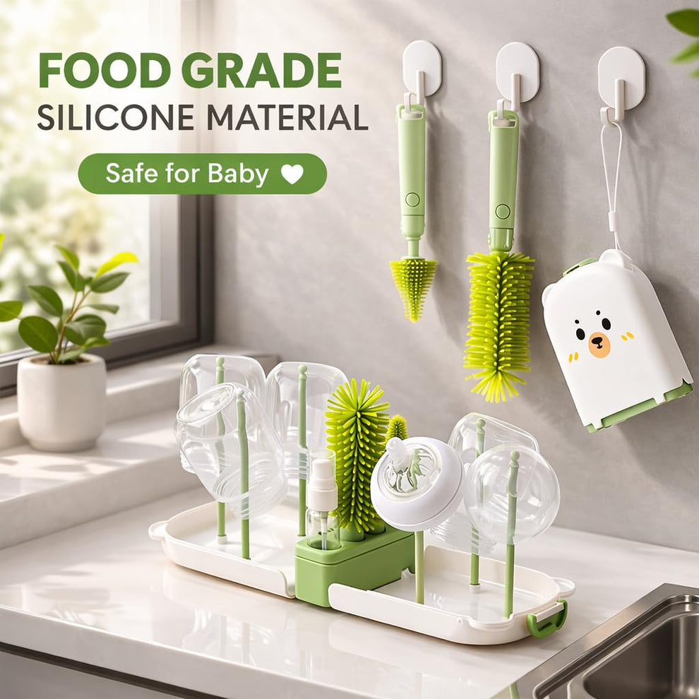 Portable 8-in-1 Baby Bottle Brush Cleaning Set – Green Bear Box Edition
