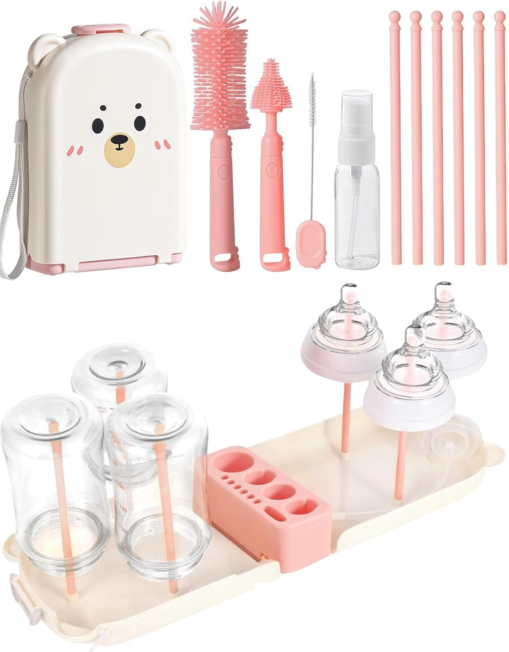 Portable 8-in-1 Baby Bottle Brush Cleaning Set – Pink Bear Box Edition