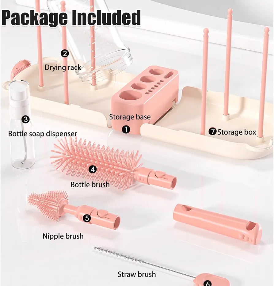 Portable 8-in-1 Baby Bottle Brush Cleaning Set – Pink Bear Box Edition