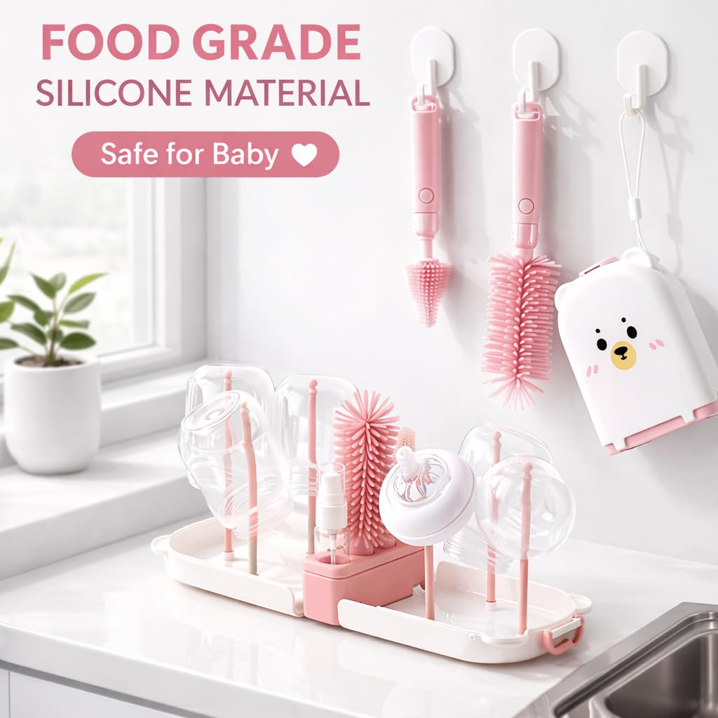 Portable 8-in-1 Baby Bottle Brush Cleaning Set – Pink Bear Box Edition