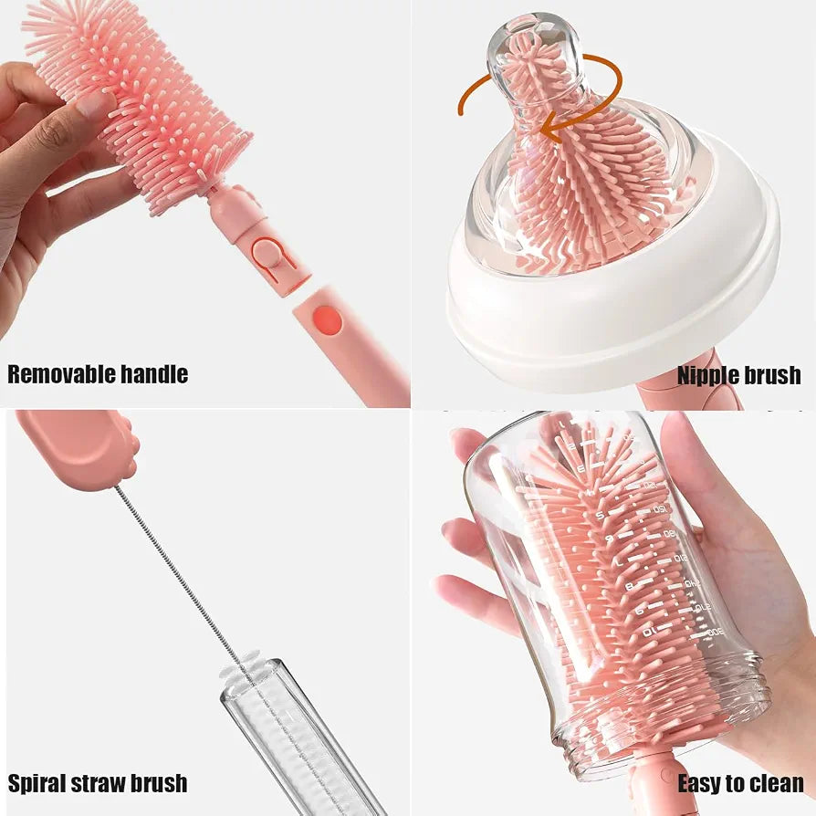 Portable 8-in-1 Baby Bottle Brush Cleaning Set – Pink Bear Box Edition