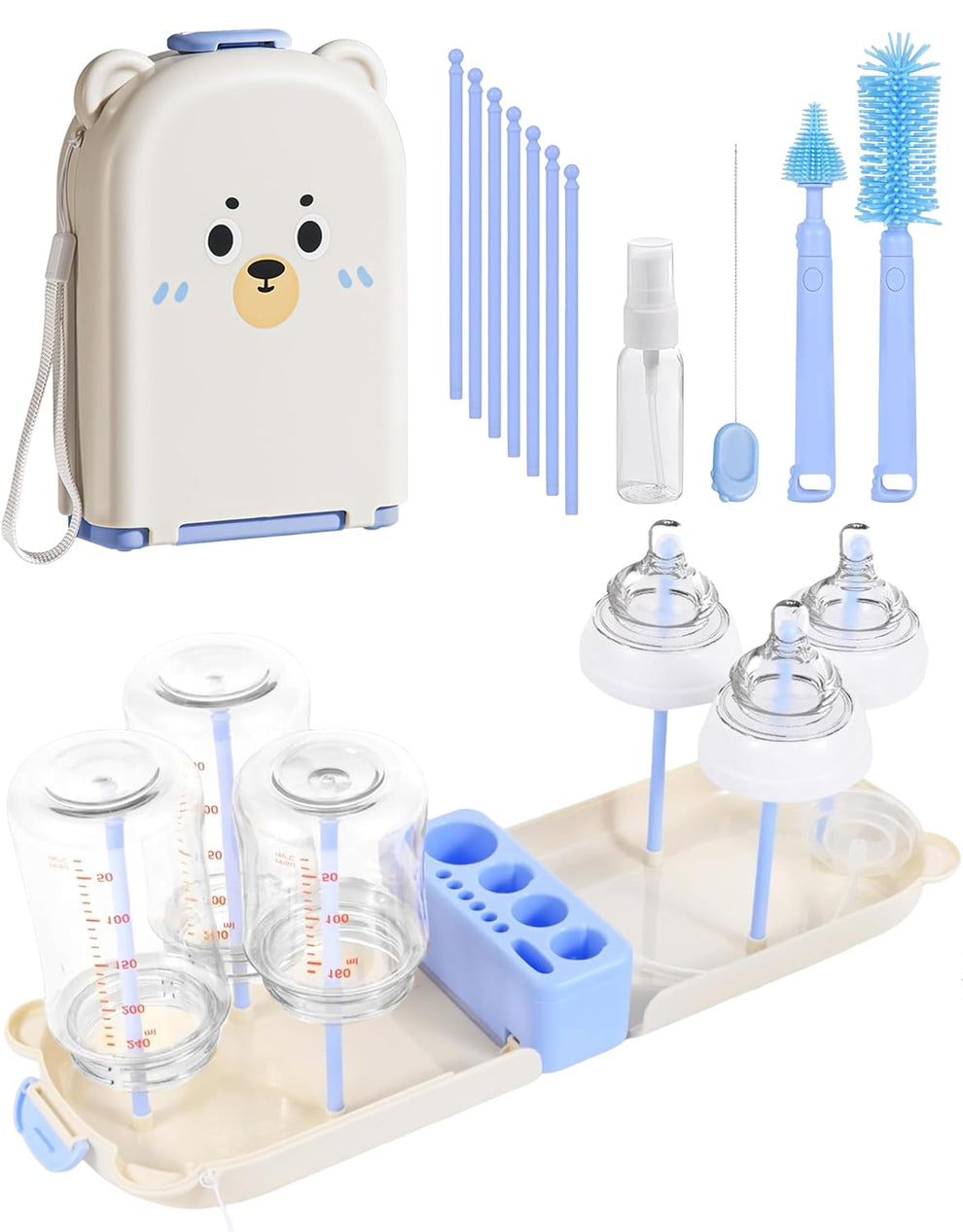 Portable 8-in-1 Baby Bottle Brush Cleaning Set – Blue Bear Box Edition