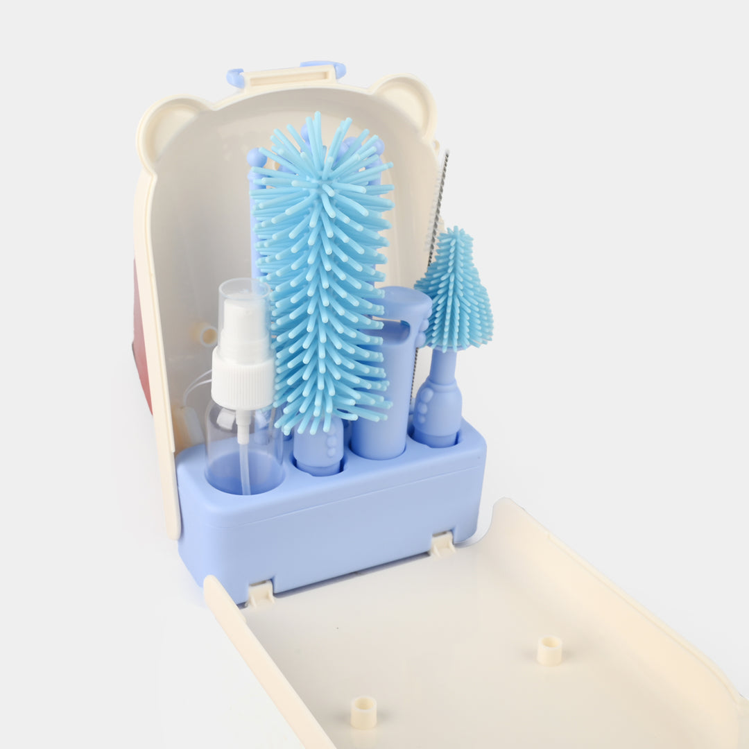 Portable 8-in-1 Baby Bottle Brush Cleaning Set – Blue Bear Box Edition