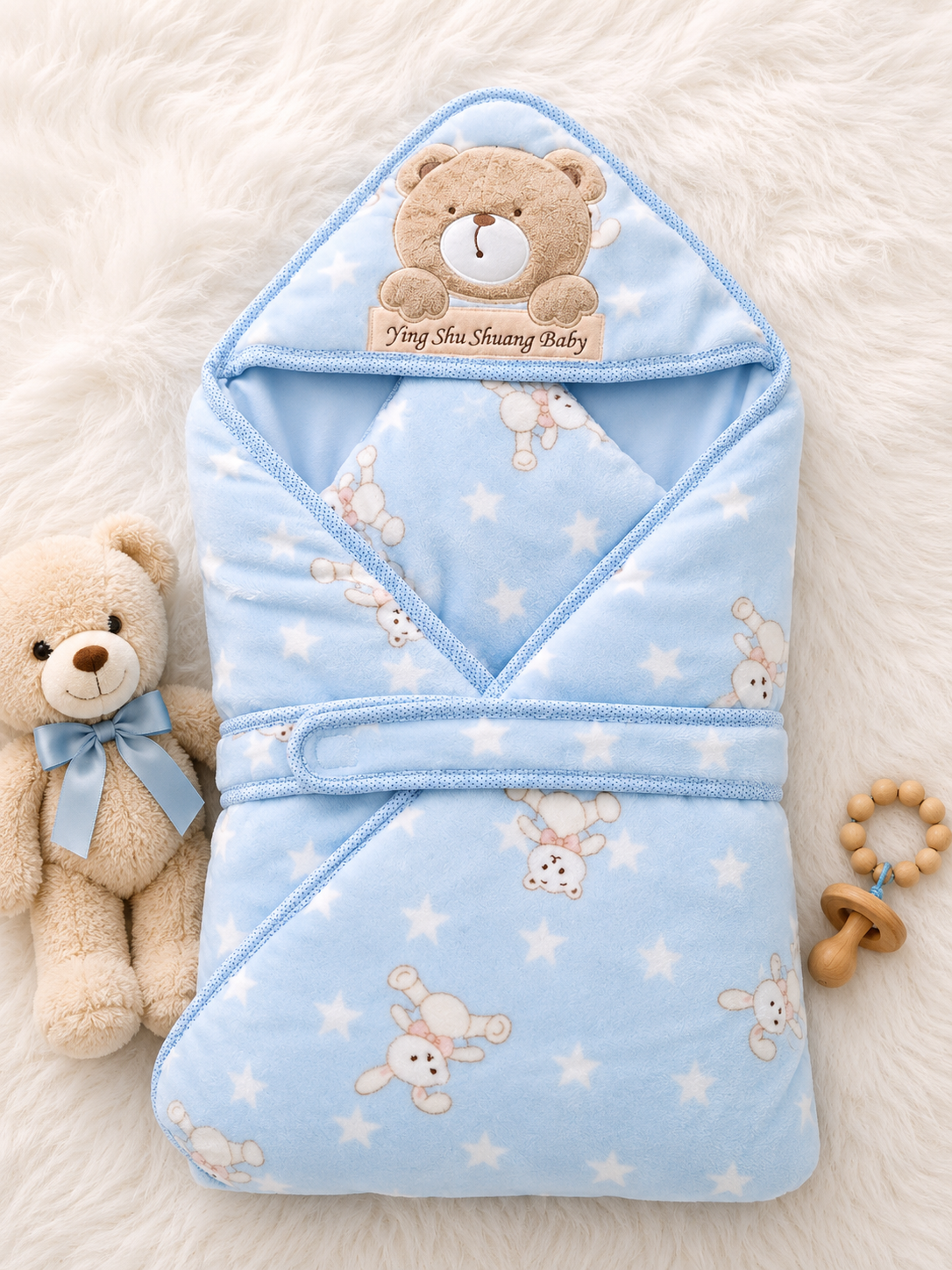 Bear Hooded Baby Quilt Wrap – Sky Blue