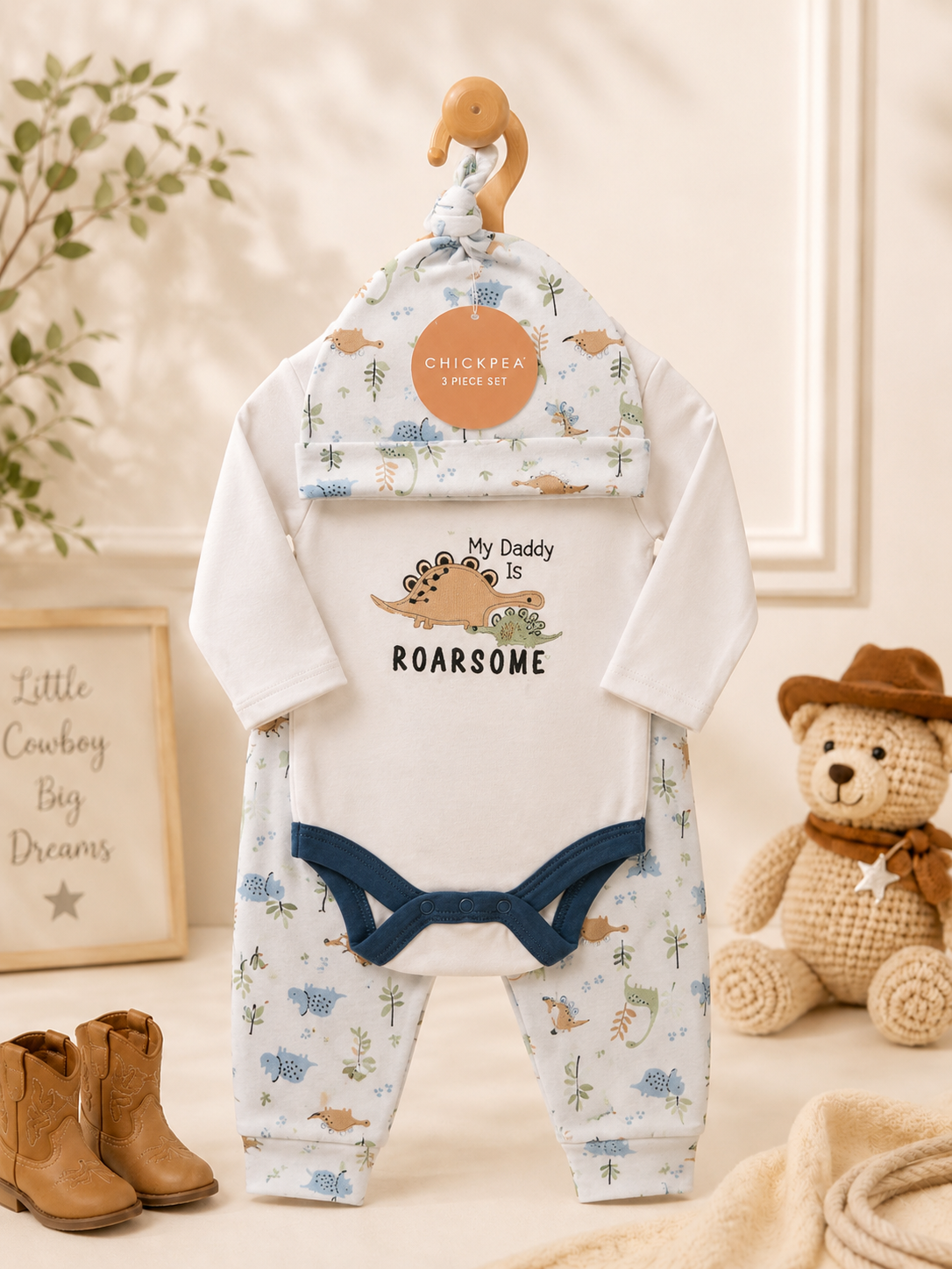 Baby Dino Bodysuit Set – 3 Pcs Outfit
