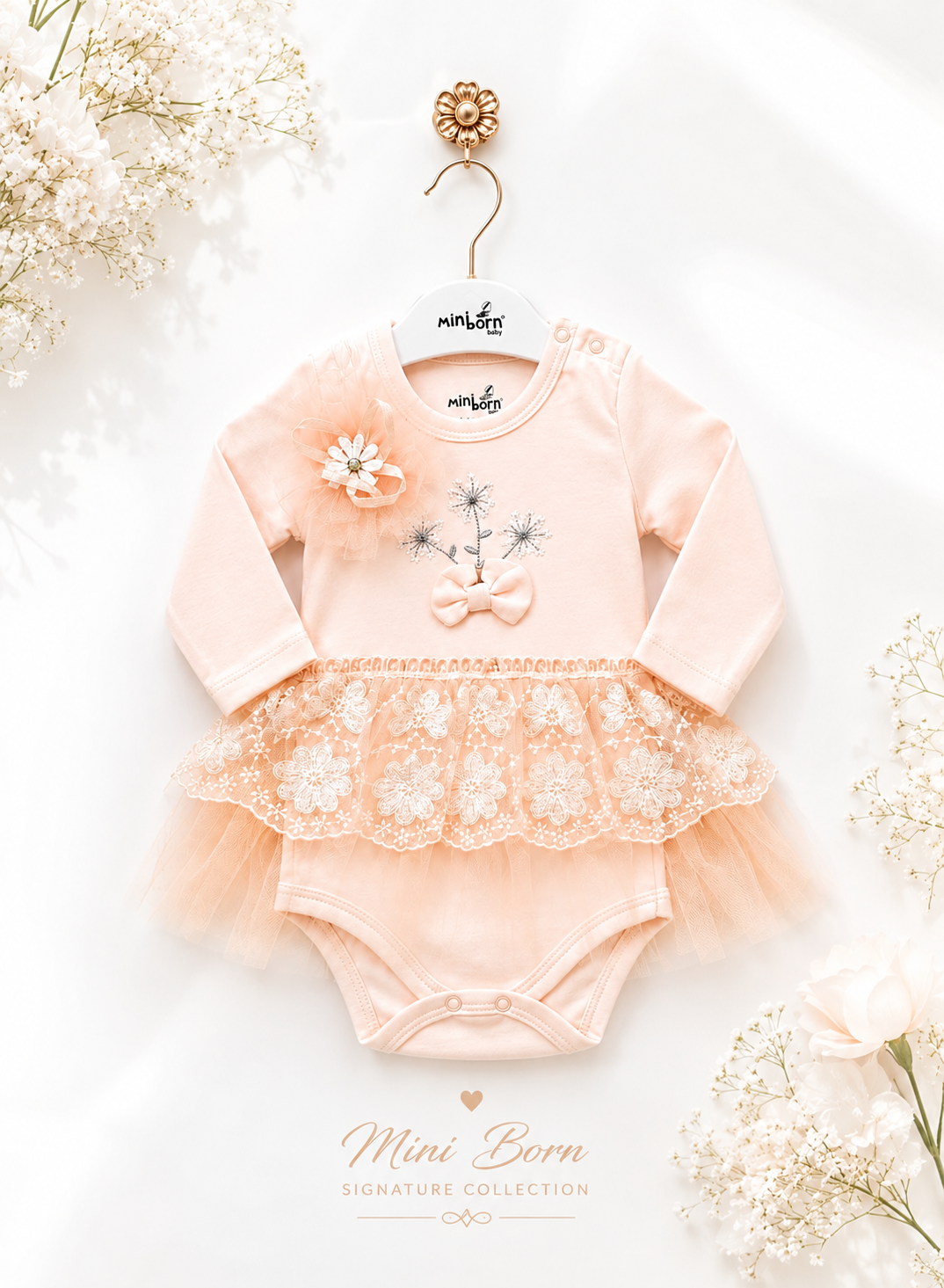 Miniborn peach petals frock with headband (0-3 months)
