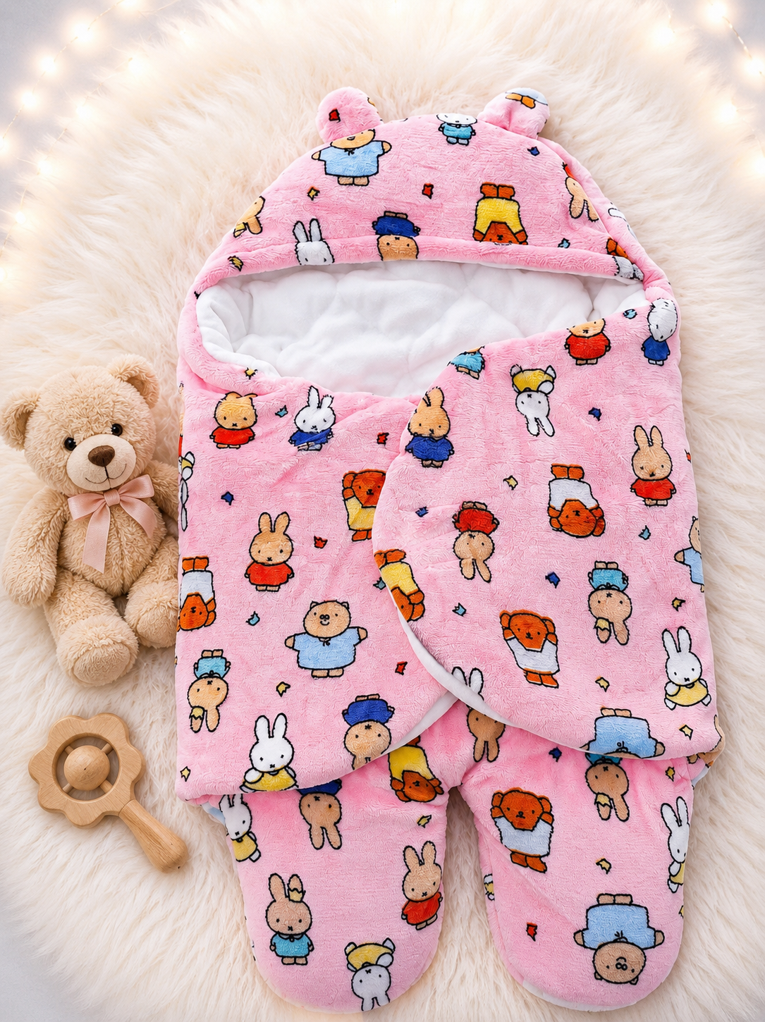 Premium Teddy Bear Quilted Double-Flap Baby Swaddle (Pink)