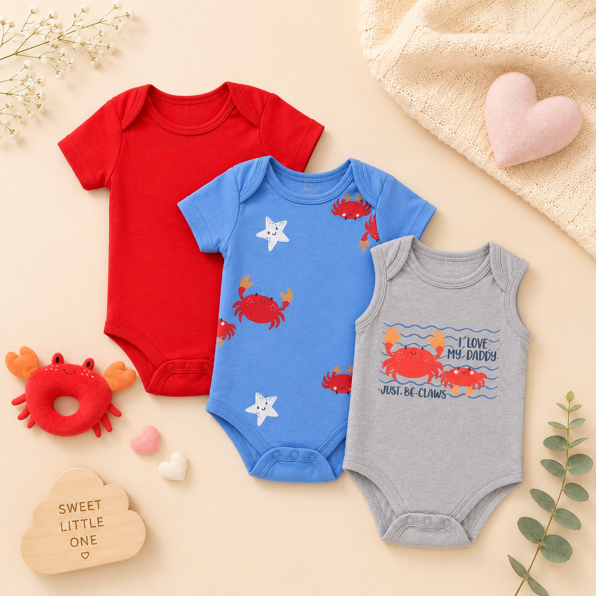 Luxe Baby 3-Piece Cotton Crab Bodysuit Gift Set with Plush Rattle (0–6M)