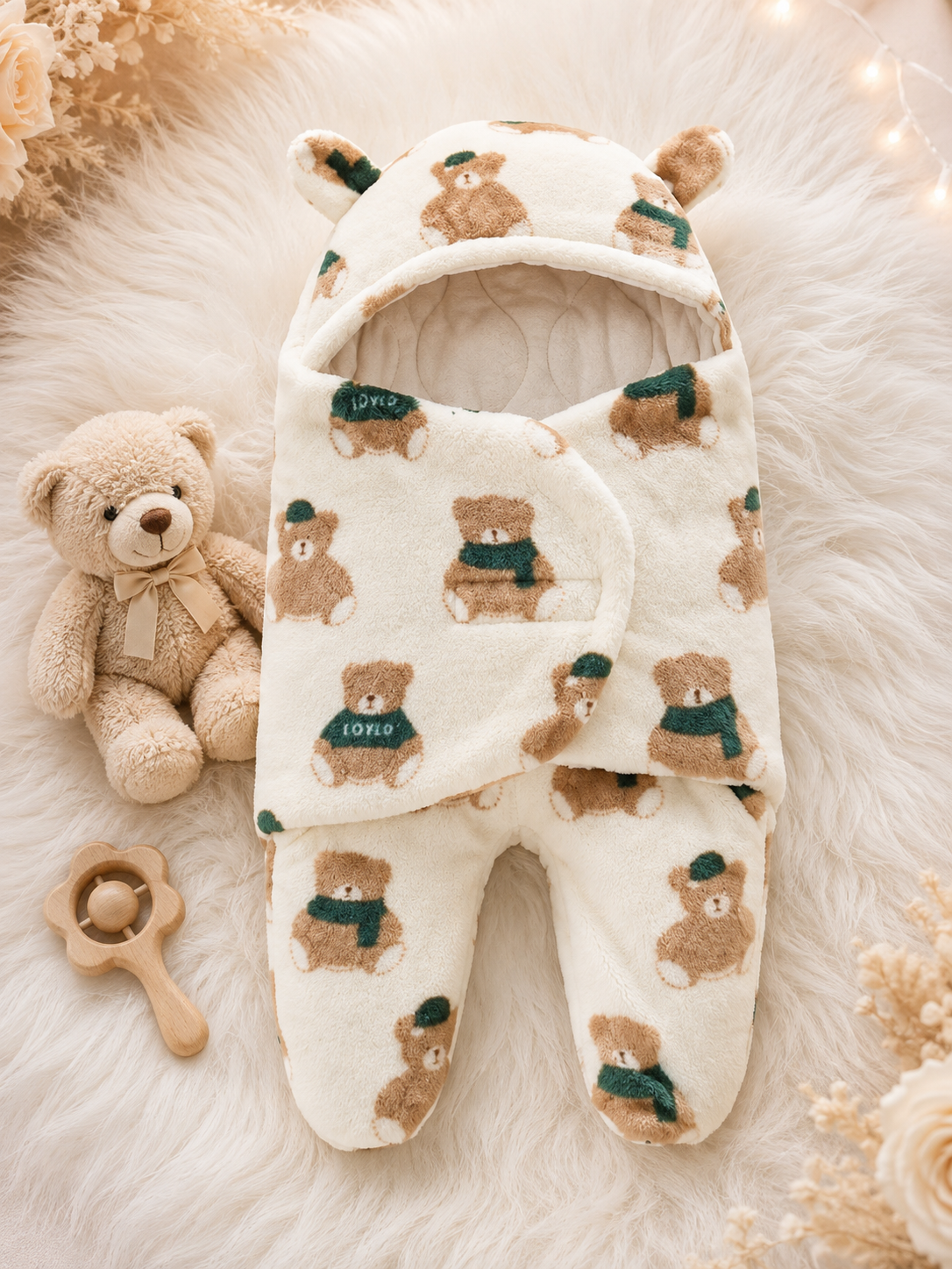 Premium Cream Teddy Bear Quilted Double-Flap Baby Swaddle