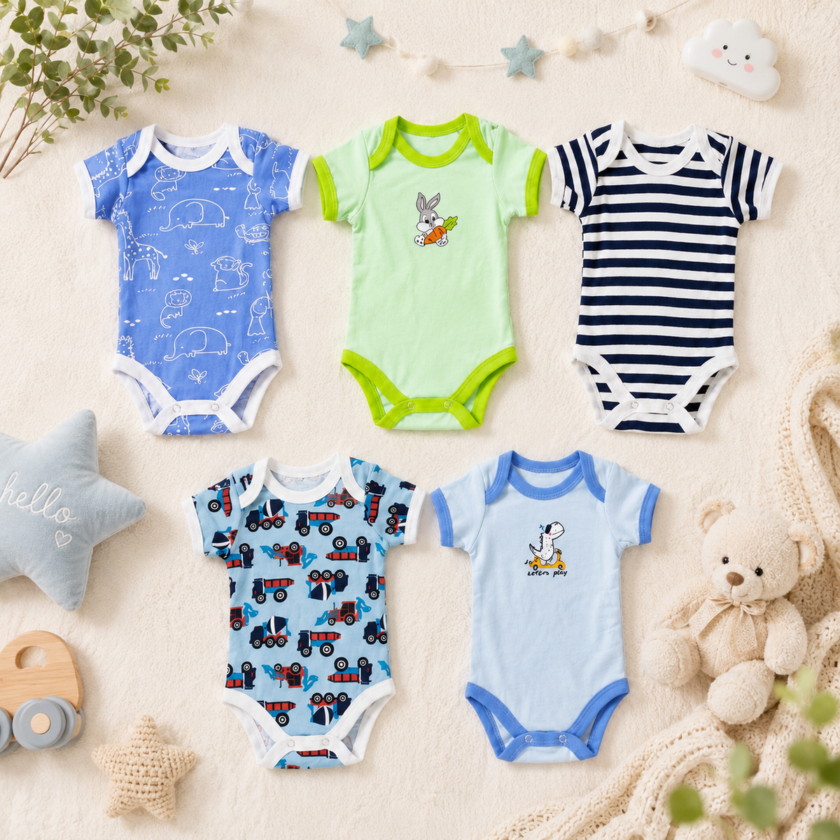 👶 5-Piece Baby Bodysuit Pack (3–6 Months)