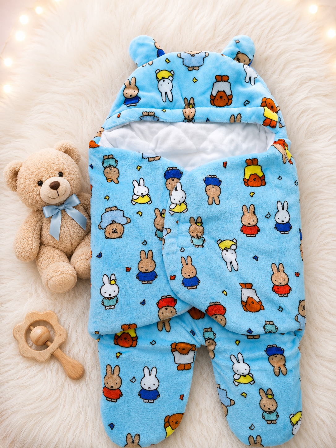 Premium Teddy Bear Quilted Double-Flap Baby Swaddle (Blue)