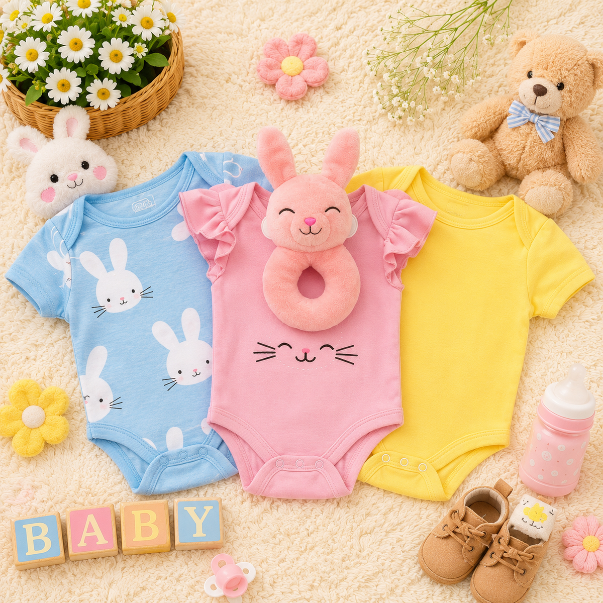 Luxe Baby 3-Piece Cotton Bunny Bodysuit Gift Set with Plush Rattle (0–3M)