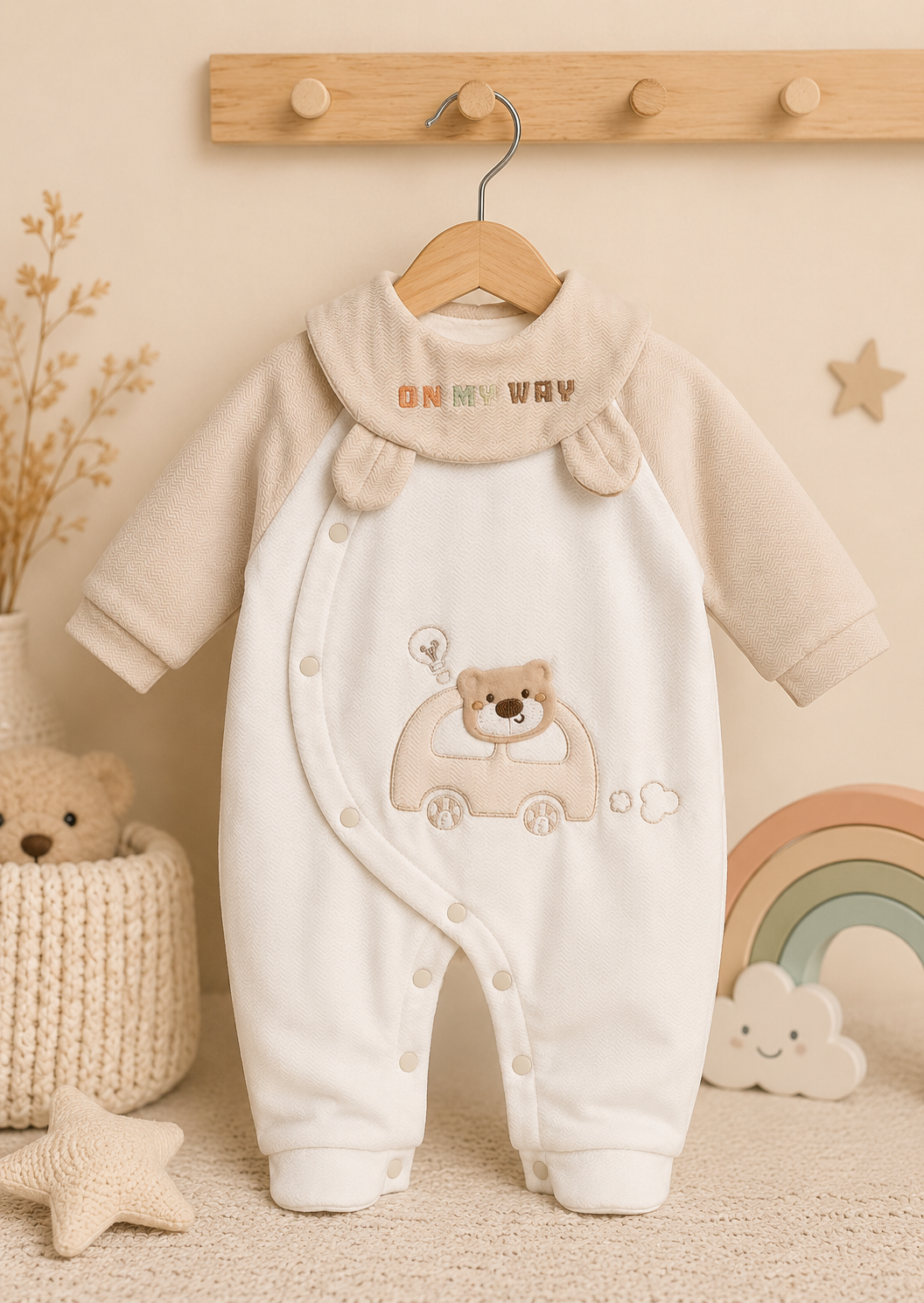 Snuggle Bear Velvet Romper offwhite with bib  (0-6 months)