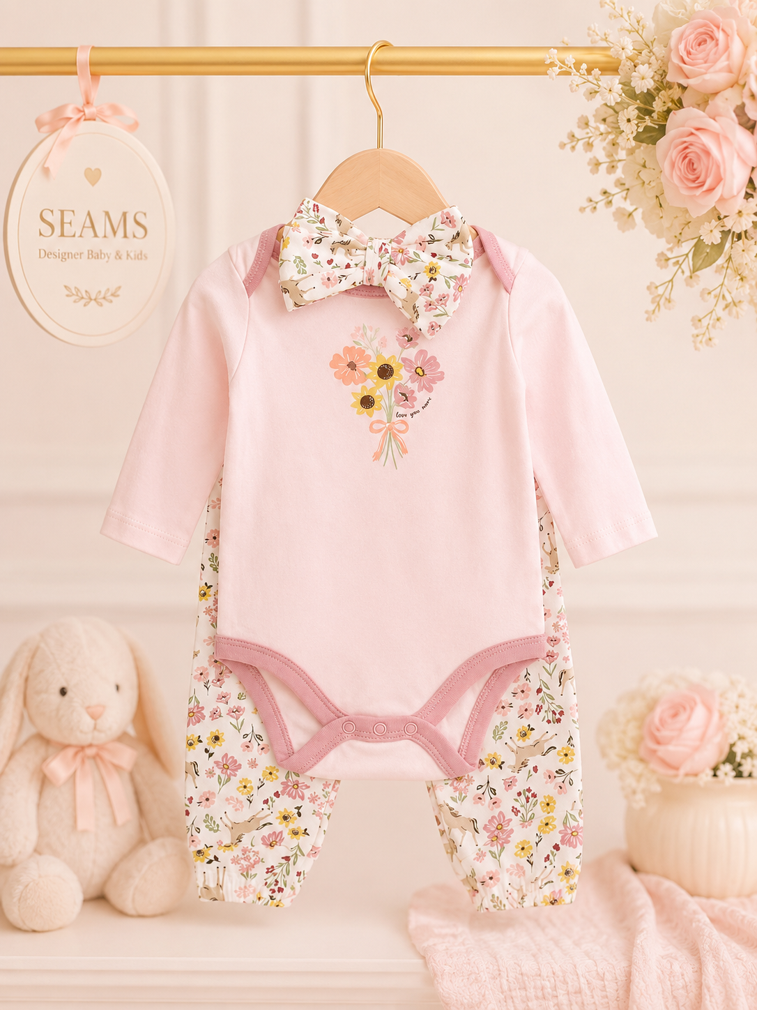 Baby floral Bodysuit Set – 3 Pcs Outfit