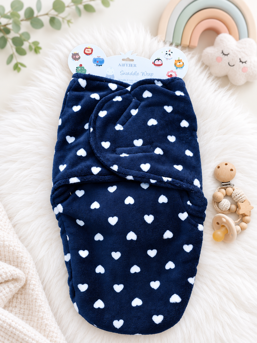 Baby Plush Swaddle Wrap (blue hearts)