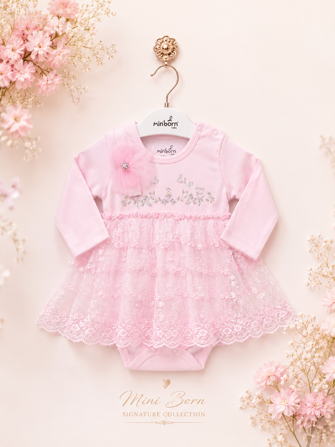 Miniborn pink petals frok with headband (3-9 months)