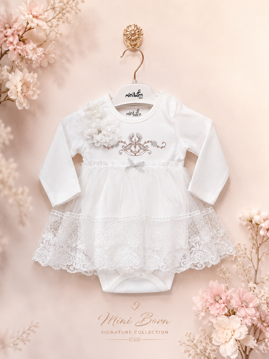 Miniborn white petals frok with headband (0-12 months)