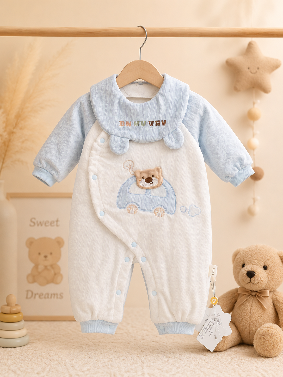Snuggle Bear Velvet Romper Blue with bib  (0-3 months)