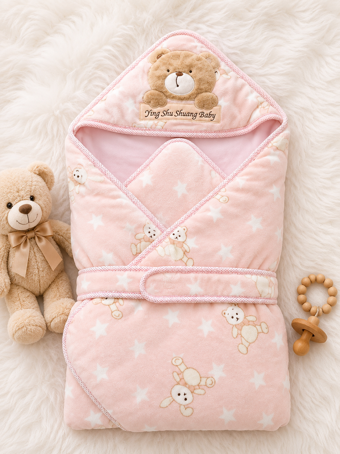 Bear Hooded Baby Quilt Wrap – Baby Pink