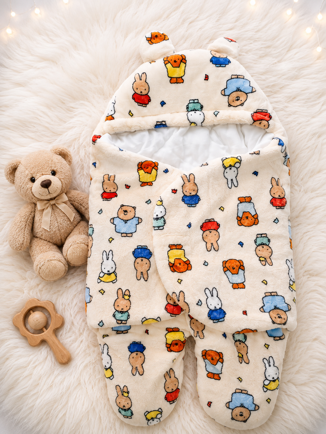 Premium Teddy Bear Quilted Double-Flap Baby Swaddle (Off-white)