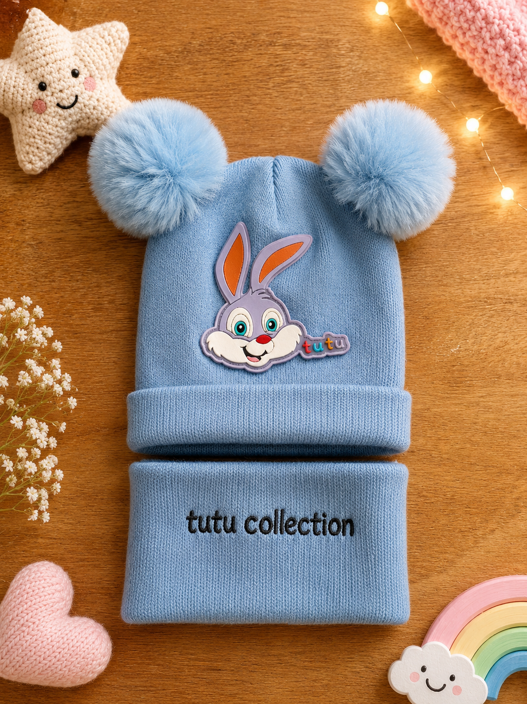 Woolen cap Bunny pom pom with mufler (Blue)