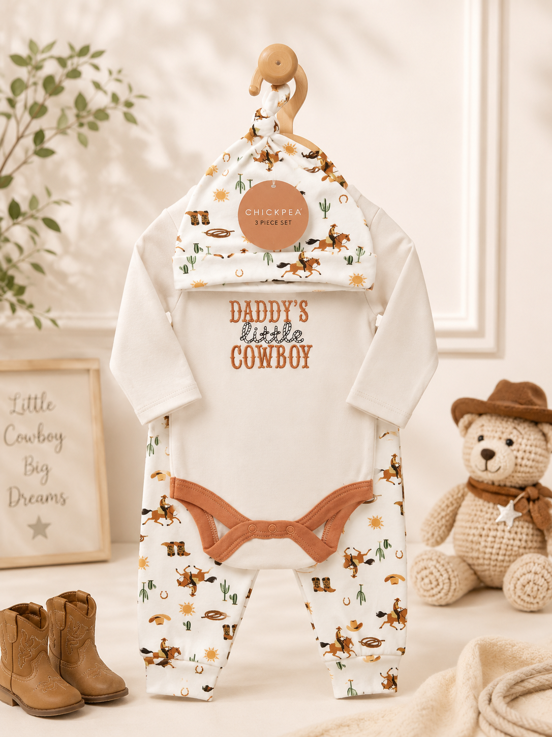 Baby cow boy Bodysuit Set – 3 Pcs Outfit