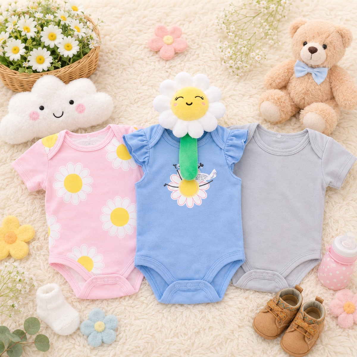 Luxe Baby 3-Piece Cotton Sunflower Bodysuit Gift Set with Plush Rattle (3–9M)