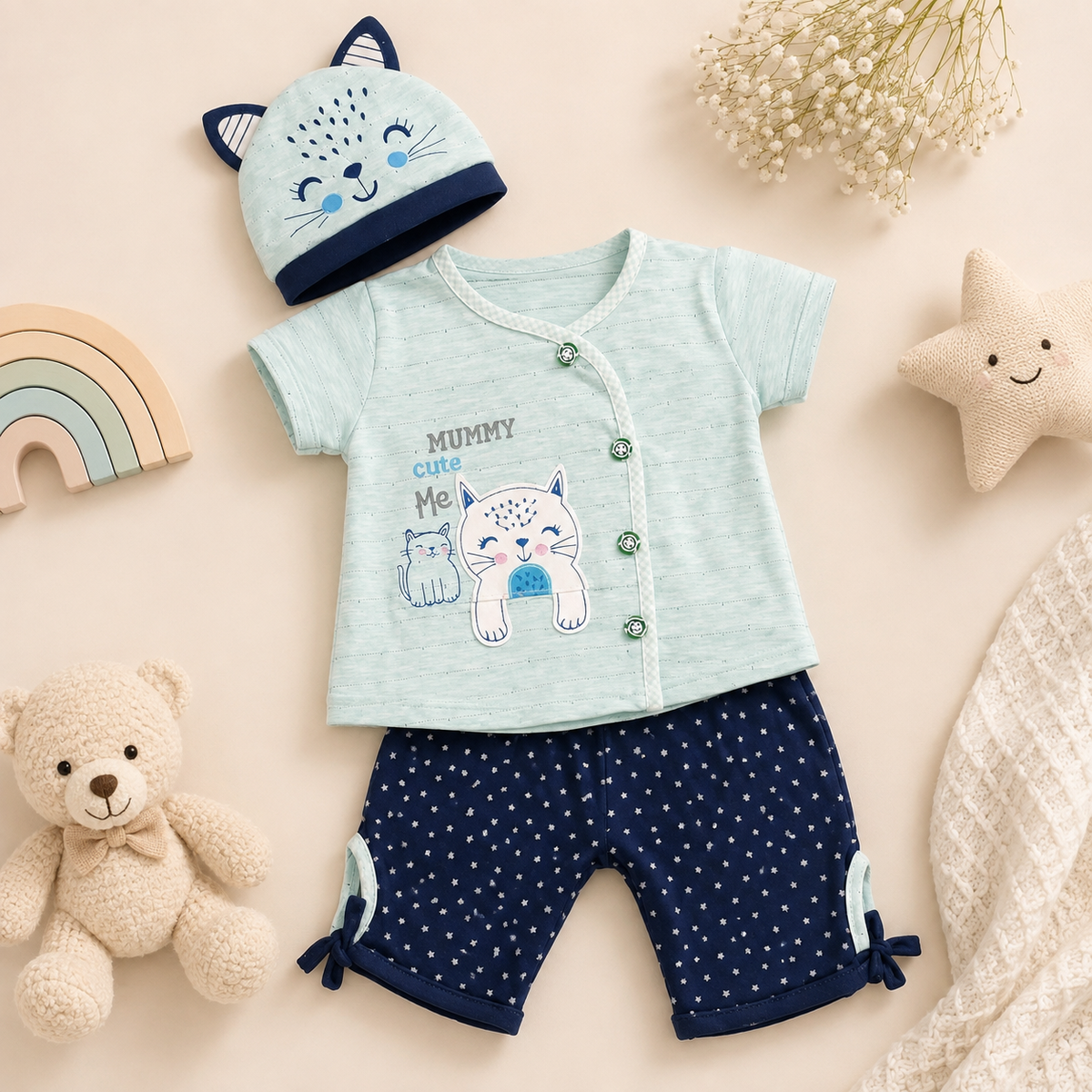 3-Piece Baby Outfit Set blue (0–3 & 3–6 Months)