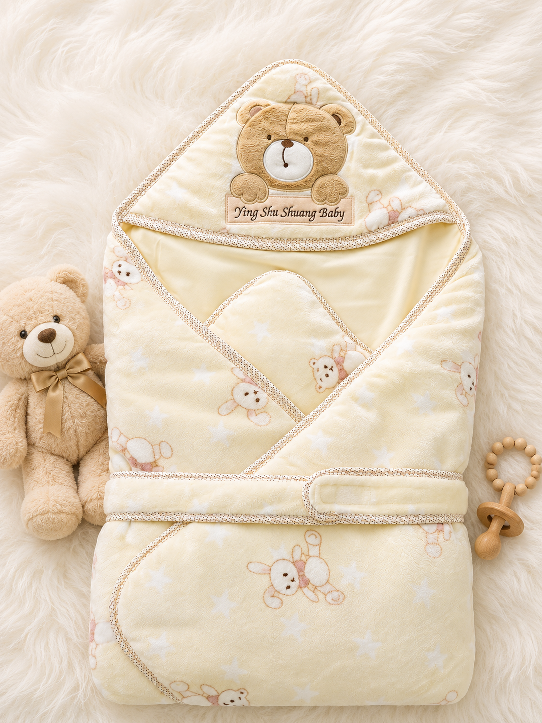 Bear Hooded Baby Quilt Wrap – Off-white